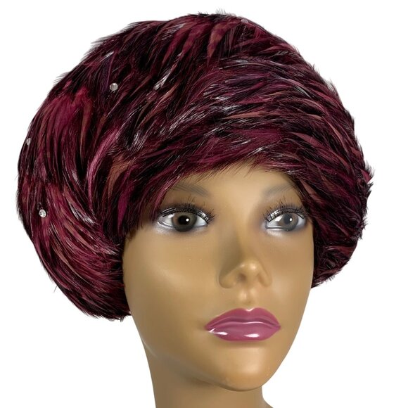 VTG Jack McConnell Women's Maroon Feather Rhinestone Wool Fascinator Hat OS - Picture 2 of 8